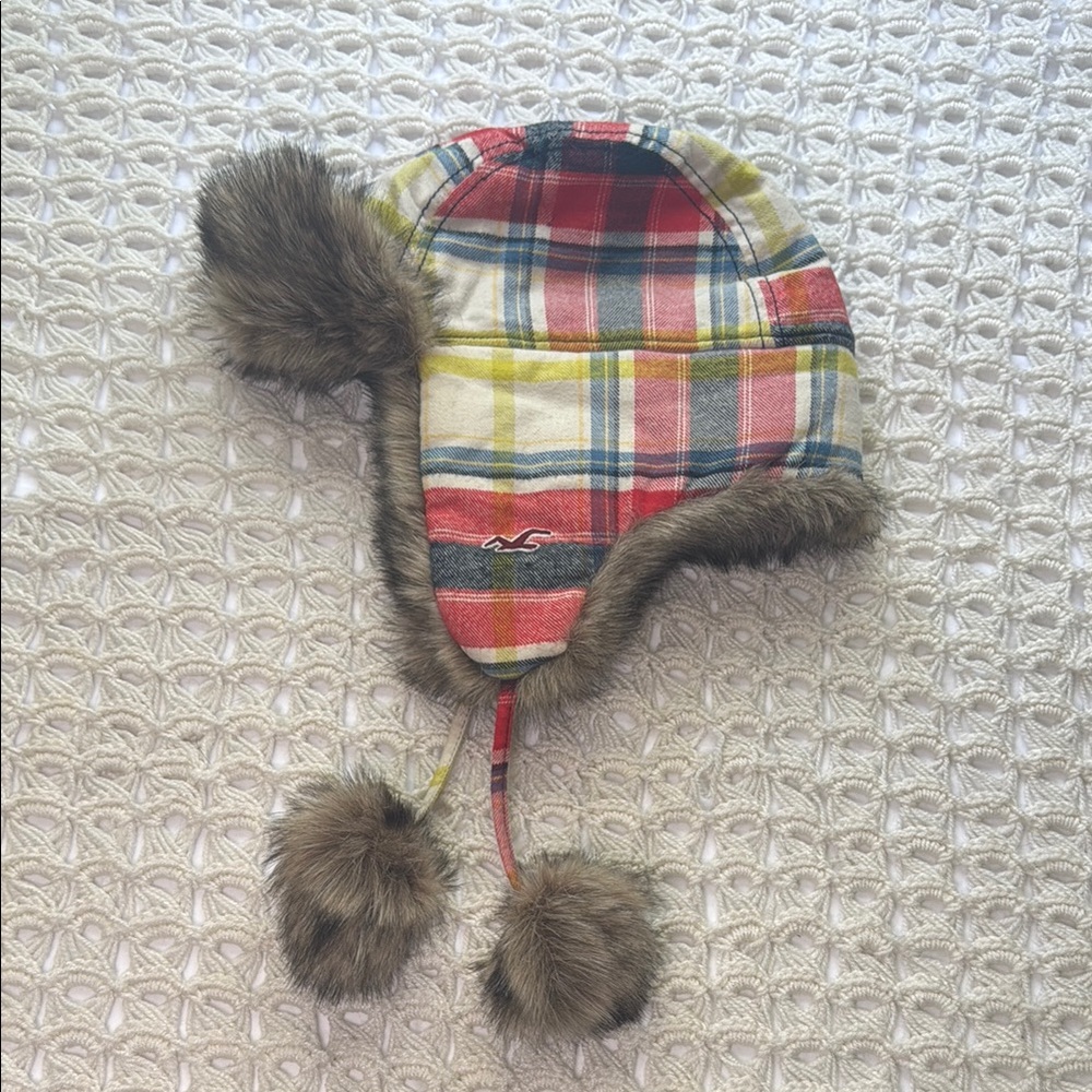 Vintage Hollister Plaid Winter Hat with Faux Fur Trim